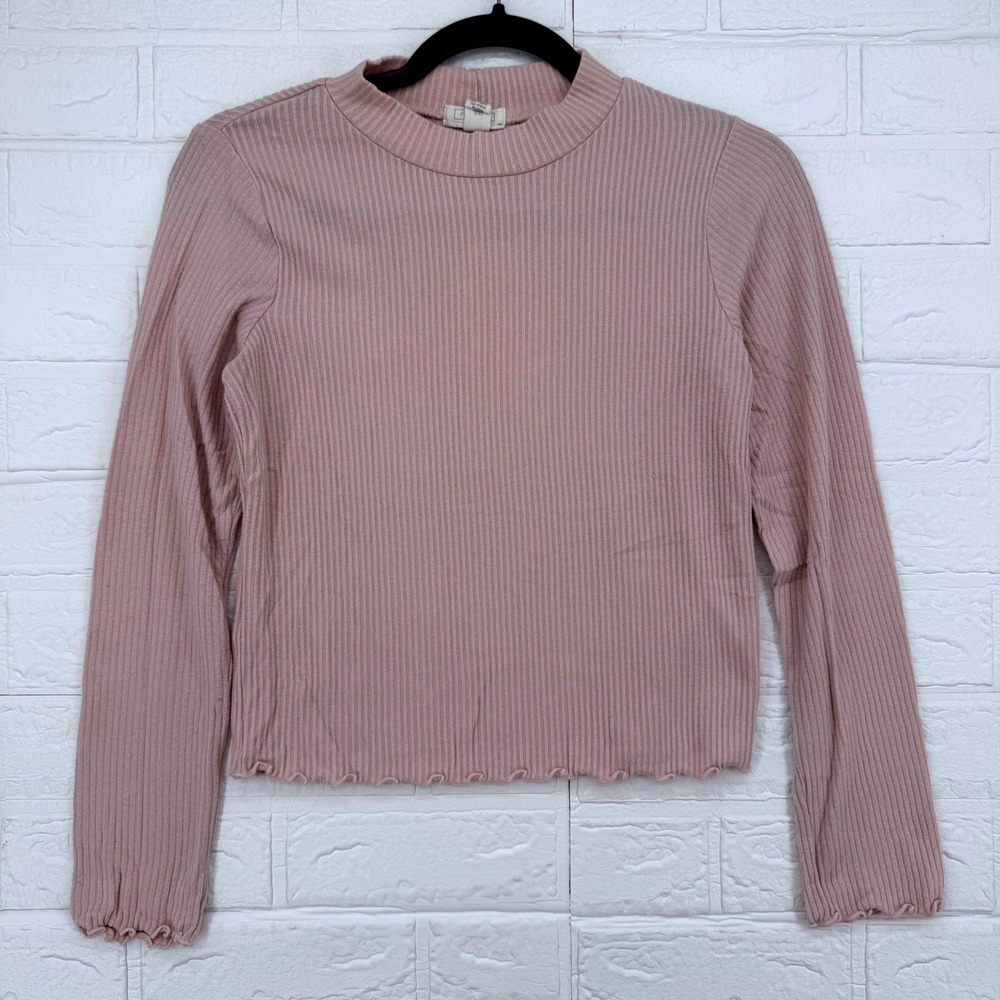 Full Tilt Ribbed Top Womens XL Pink Mock Neck Lettuce Edge Long Sleeve